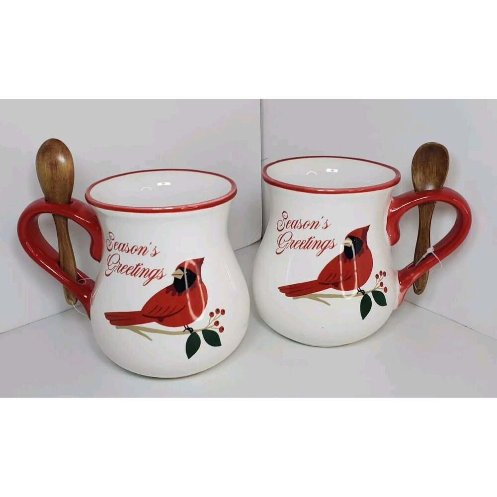 Holiday Home Set Cardinal Coffee Mugs With Spoons Seasons Greetings Gift Xmas